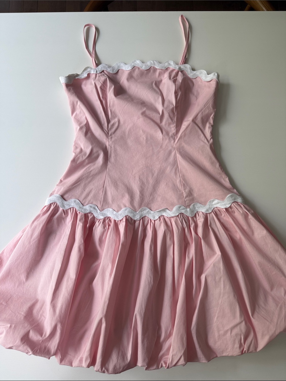 Pink Spaghetti-Strap Mini Dress with White Scalloped Trim